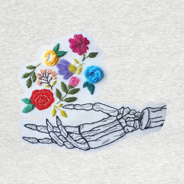 Embroidery of skeletal hand catching flowers by SanMade